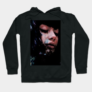 Beautiful girl, black shapes on skin. Sci-fi. Dark, slight blue. Hoodie